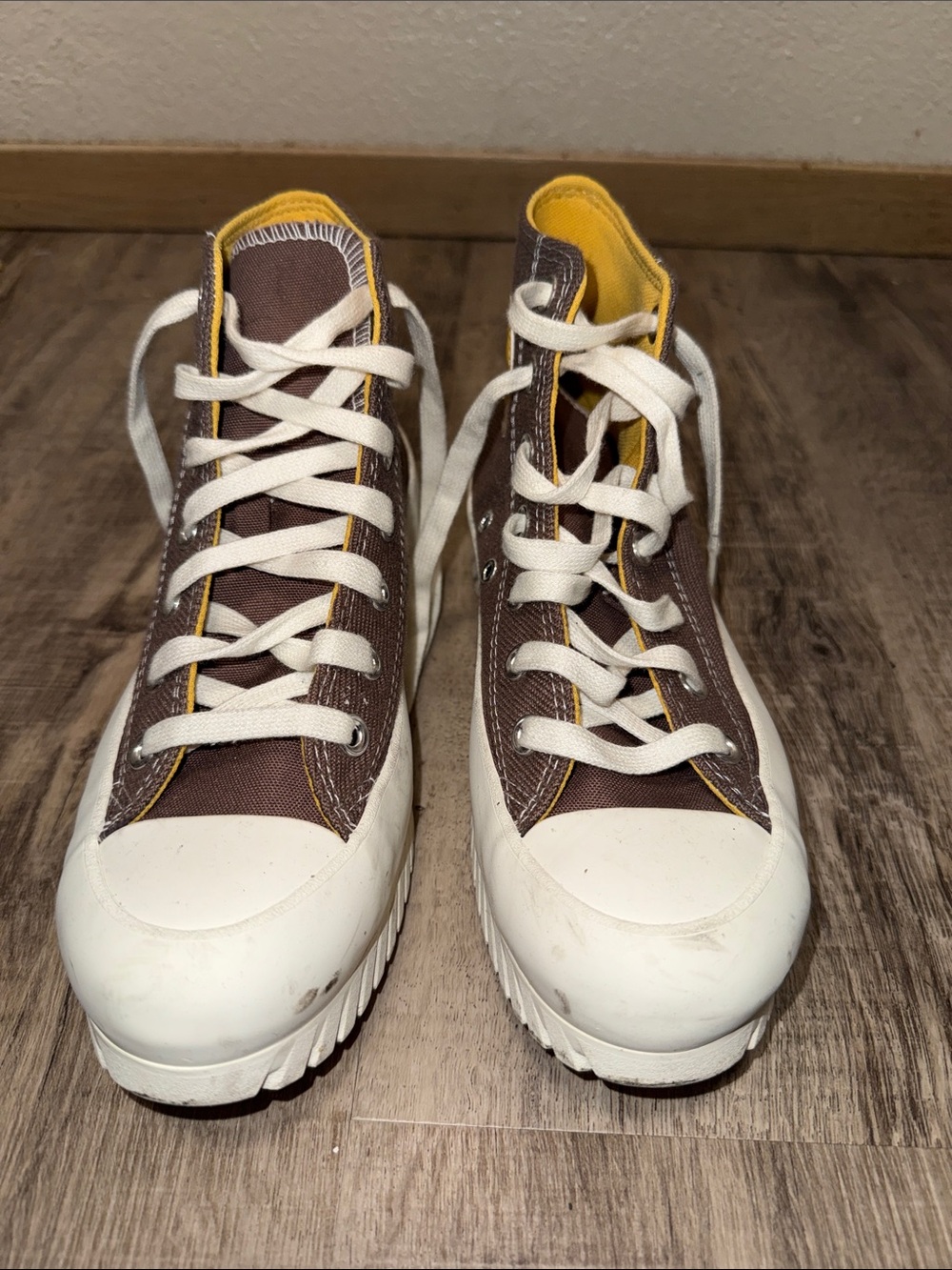 Converse Brown Canvas High-Top Sneakers with Yellow Lining